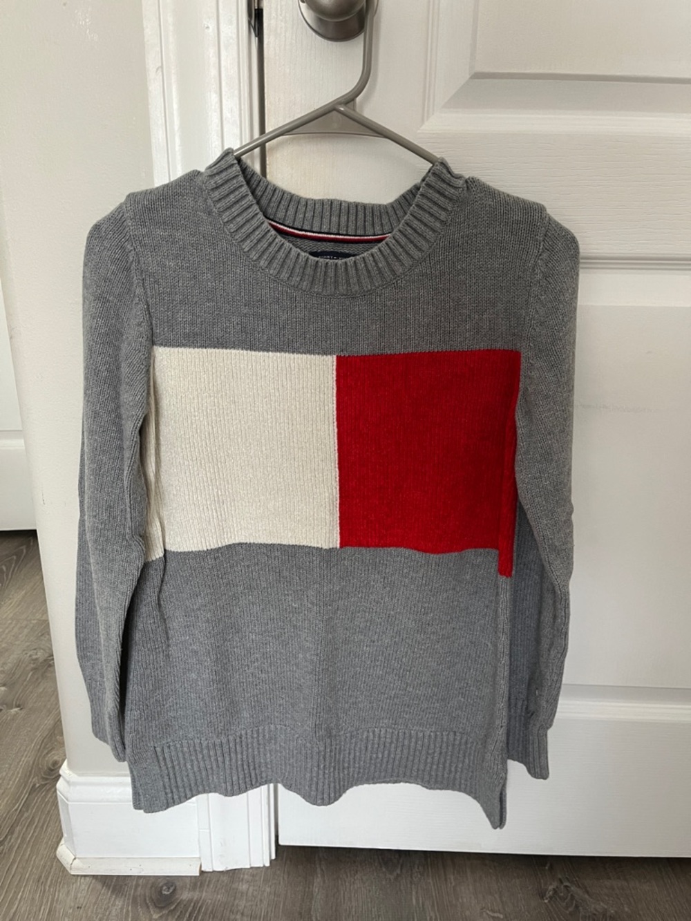 Tommy Hilfiger Gray Crewneck Sweater with Red & Cream Block
